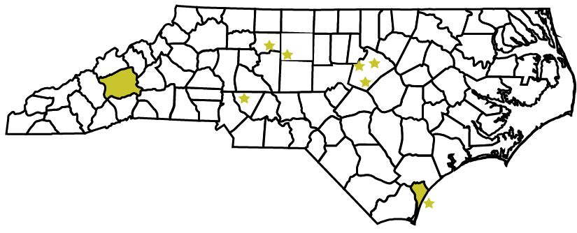 A map of North Carolina showing the locations of different teams in the state